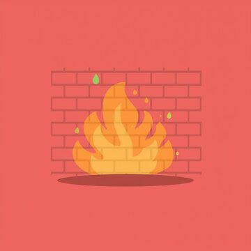 Fire burning on a brick wall with flames and embers