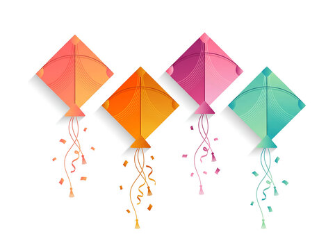 Minimalist festive greeting card design with four diamond kites in sunset ombre gradients on pure white background