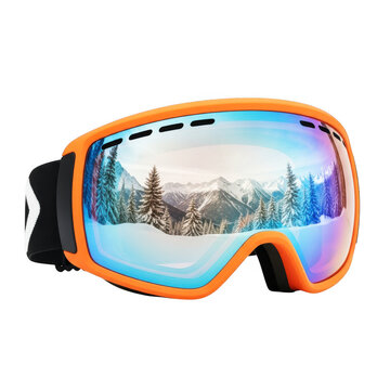 Orange ski goggles with a scenic mountain reflection showing snowy pine trees and peaks on a transparent background.
