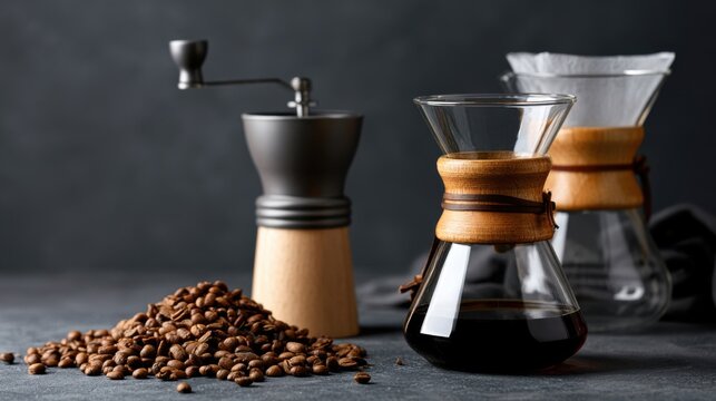 Hand grinder with coffee beans and chemex brewer for brewing coffee 
