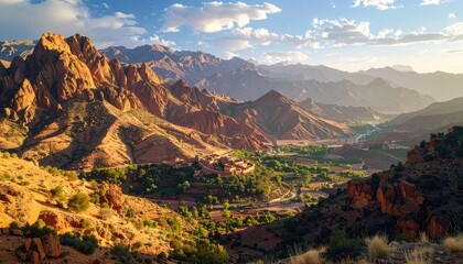 Naklejka premium A sun-drenched valley with rugged mountains and a village nestles within a green oasis.