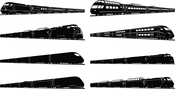 Long distance passenger and diesel freight train side view silhouettes set with cargo locomotives and wagons