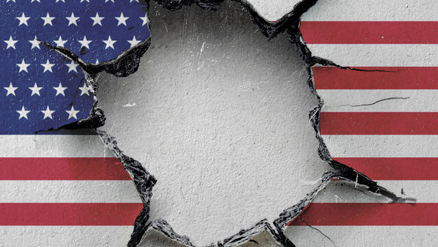 national flag of the United States of America is painted on an old wall with a large hole