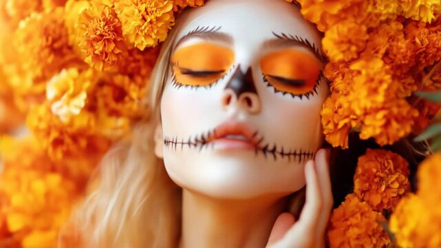 Vibrant day of the dead portrait with marigold flowers and artistic face paint
