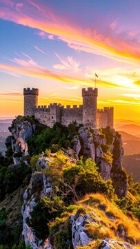 Majestic castle perched atop a rocky cliff at sunset.