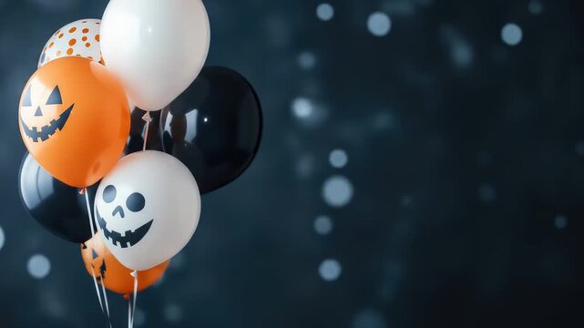 Spooky halloween balloons with jack-o'-lantern faces and festive bokeh background