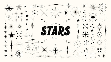 Collection of various black star shapes and sparkles presented as a vector illustration on a cream background © Sujit