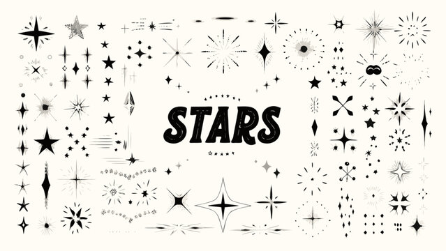 Collection of various black star shapes and sparkles presented as a vector illustration on a cream background