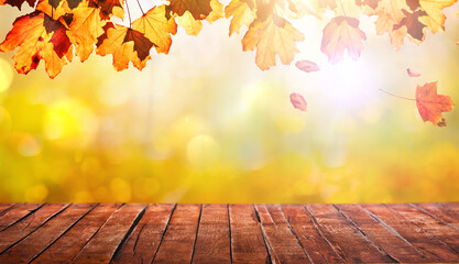 yellow fall  leaves and old wooden board, autumn natural background