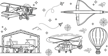 Aviation and aircraft transportation vector line art icon set with biplane supersonic jet helicopter hangar hot air balloon © Mstshneha