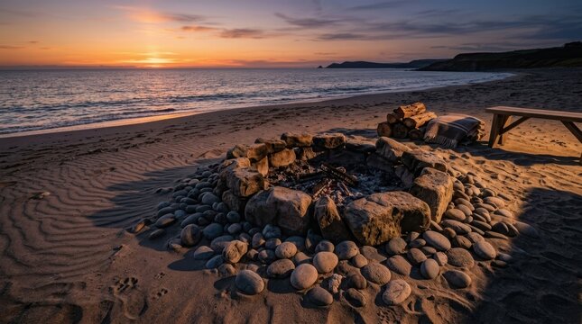 Stone fire pit on Fiji sandy beach at sunset. Relaxing coastal scenery with wooden bench and firewood. Evening ocean view for romantic travel wanderlust and summer vacation getaway.