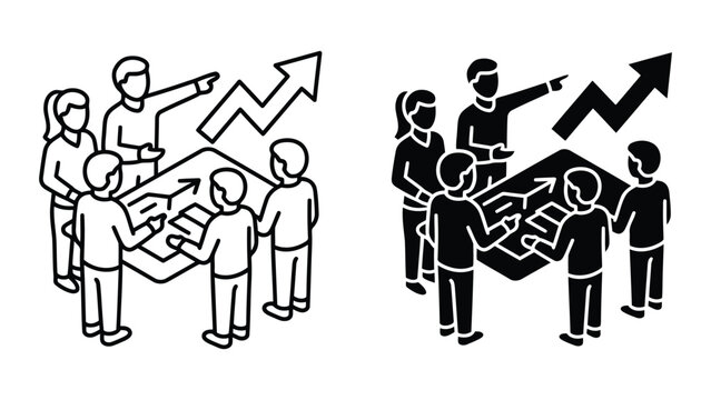 Business team planning with growth chart analysis isometric line icons, planning