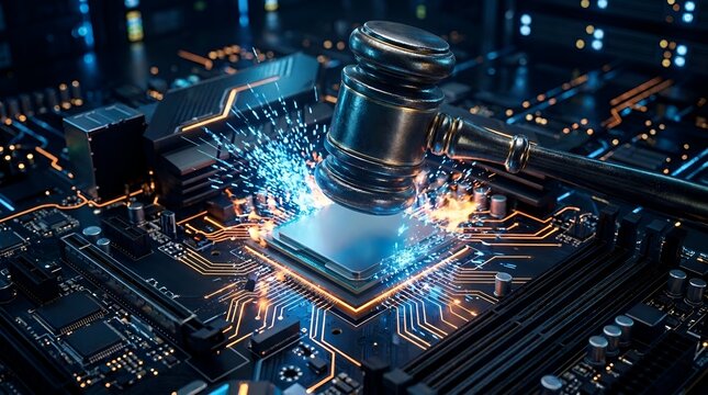 Wooden judge gavel striking a glowing computer chip on a circuit board, representing cyber law, digital regulation, cybersecurity, and artificial intelligence legislation concept.