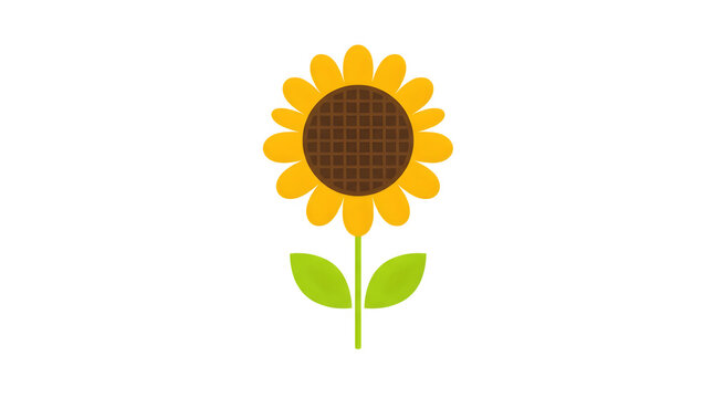 Vibrant yellow sunflower with brown center and green leaves illustrated icon on transparent background