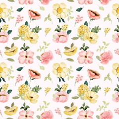 Fototapeta na wymiar yellow pink watercolor floral seamless pattern