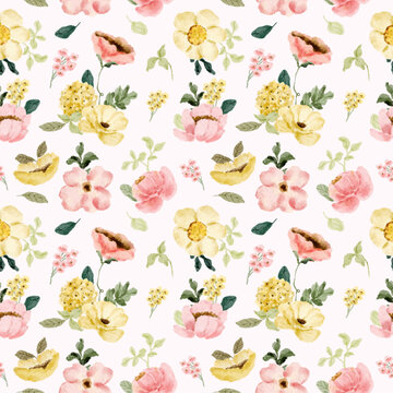 yellow pink watercolor floral seamless pattern