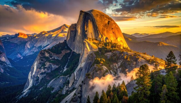 Majestic Half Dome bathed in golden sunset light at Yosemite National Park.