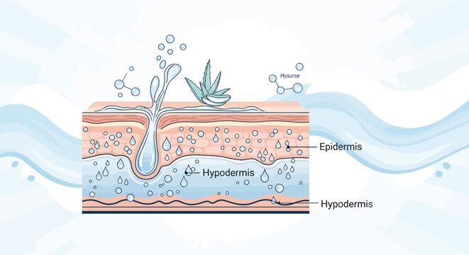 Skin anatomy diagram showing layers and water hydration.