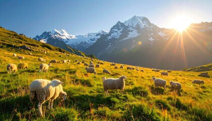 Fototapeta premium A herd of sheep grazes on a sun-drenched mountain pasture with snow-capped peaks in the background.