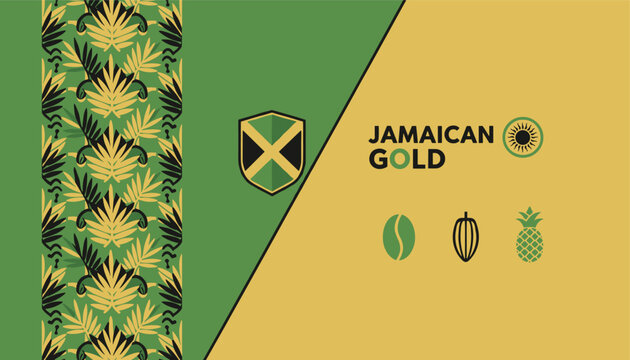Professional brand identity design for Jamaican Gold featuring tropical patterns and icons related to coffee, cocoa, and pineapples.