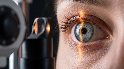 Ophthalmology. Macro close-up of a blue eye examined with a slit lamp microscope, showing iris, pupil and cornea during professional diagnostic vision test © Kateryna Sharko