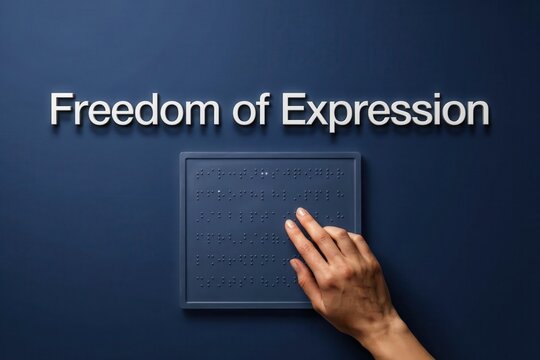 Hand reading braille message on dark blue background symbolizing freedom of expression and accessibility for blind people