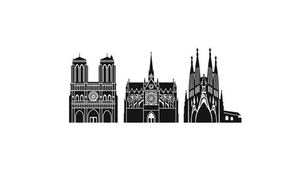 Obraz premium Black silhouette icons of three famous European gothic churches including Notre Dame and Sagrada Familia.