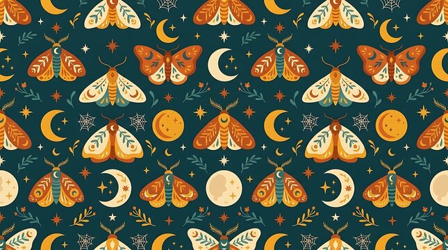 Celestial moth and moon seamless pattern on dark background