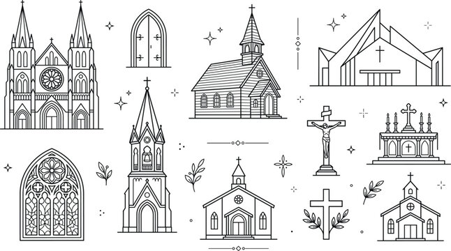 Church and cathedral building vector line art icon set with gothic architecture chapel altar crucifix steeple cross window