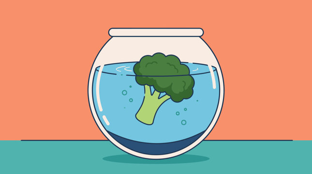 Single Broccoli Floret Submerged Inside Clear Bowl.