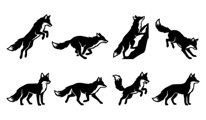 Fox Running, Jumping and Standing Silhouette Collection Wild Animal Black Vector Illustration Set © Shakib