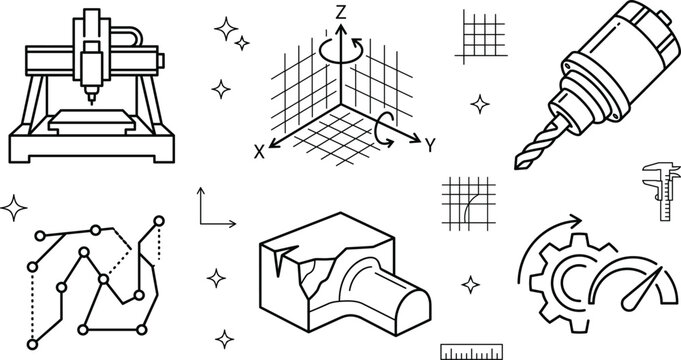 CNC router machine line art icon set with 3d axis spindle toolpath gear caliper block and engineering symbols