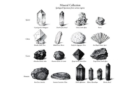 Black and white geological mineral collection illustration
