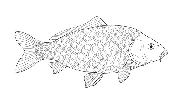 Detailed black and white line art drawing of a common carp fish showing scales and fins isolated on a white background.