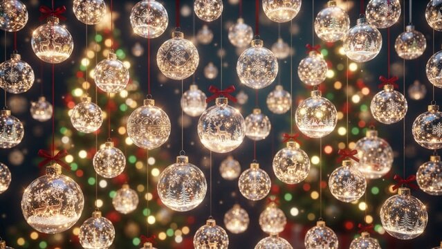 Hanging Christmas Glass Ornaments with Bokeh Festive Tree Background