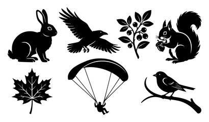Rabbit, Flying Bird, Squirrel, Leaf, Paraglider and Nature Silhouette Black Vector Illustration Collection © Shakib