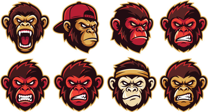 Angry Chimp and Gorilla Mascot Head Vector Set Featuring Screaming Monkeys with Caps and Headbands for Esports Gaming and Sports Team Logos