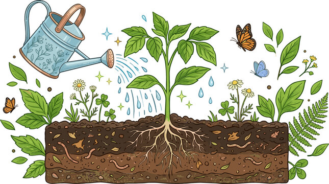 Watering Can Pouring Water on Growing Plant Vector Illustration with Soil Cross Section Roots Earthworms Butterflies and Wildflowers for Gardening Designs