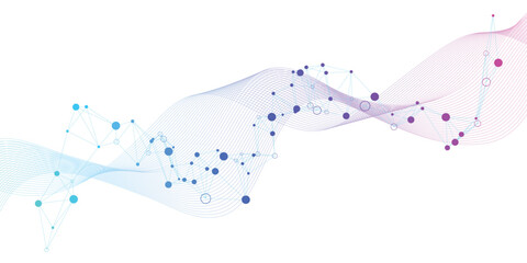 Fototapeta na wymiar Abstract background vector with flowing wave lines and connected dots network, blue purple gradient for data visualization