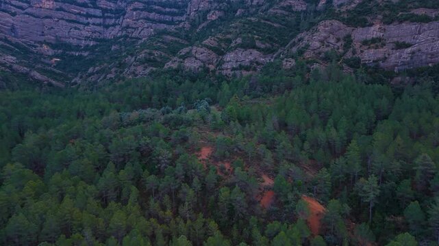 Aerial drone view of the Barranco dels Notaris landscape in the town of Beceite, Els Ports, Matarra&ntilde;a region, Teruel province, Aragon, Spain, Europe