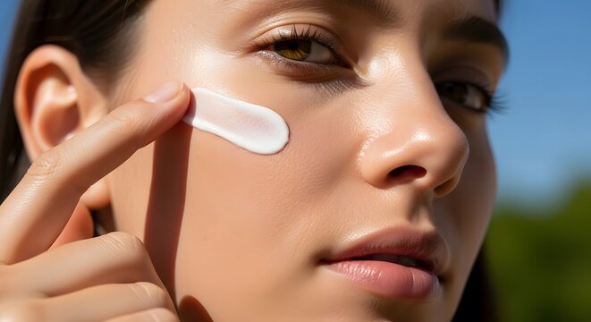 Close up of a young woman applying white sunscreen cream to her face outdoors in sunlight.