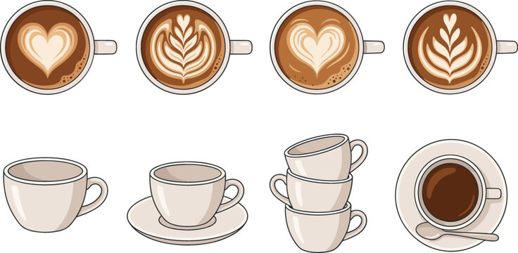 Coffee Cup Vector Set with Top View Latte Art Foam Espresso Black Coffee Heart Rosetta Designs and Stacked Ceramic Mugs for Cafe Branding