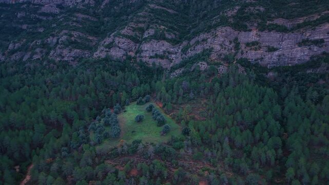 Aerial drone view of the Barranco dels Notaris landscape in the town of Beceite, Els Ports, Matarra&ntilde;a region, Teruel province, Aragon, Spain, Europe