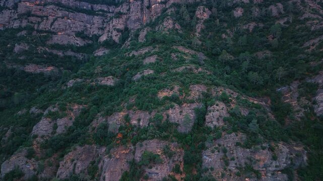 Aerial drone view of the Barranco dels Notaris landscape in the town of Beceite, Els Ports, Matarra&ntilde;a region, Teruel province, Aragon, Spain, Europe