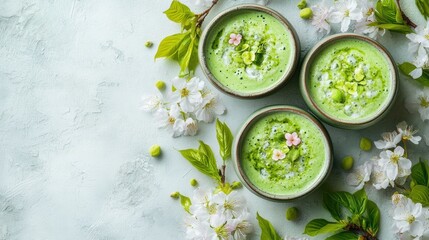 Obraz premium Matcha smoothie and sakura cherry blossom tree,spring season ,drink sweets for banners,Collection of matcha drinks with latte,menu popular japan,cards, flyers,wallpapers,copy space.