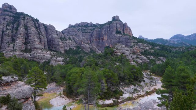 Aerial view from a drone of the La Pesquera landscape in the town of Beceite. Els Ports. Matarra&ntilde;a region. Province of Teruel. Autonomous Community of Aragon. Spain. Europe