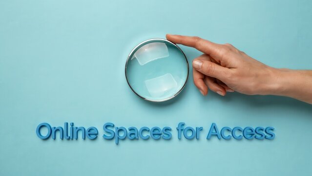 A conceptual representation of digital search and remote discovery through a magnifying glass held by a hand on a blue background