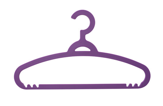 Plastic clothes hanger isolated on transparent PNG background, garment storage and closet organization. Stylish purple coat hanger - isolated design element.