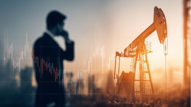 Silhouette of a business professional analyzing oil pumpjacks with financial market charts, symbolizing crude oil prices, energy markets, investment strategy, and global economic uncertainty.