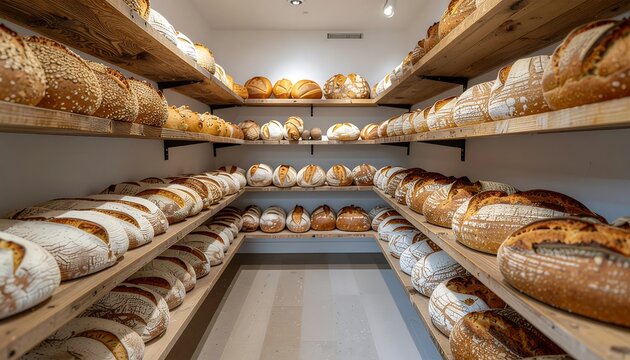 Freshly baked artisan breads displayed on wooden shelves in bakery